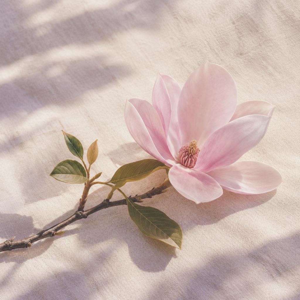 Magnolia rosada sobre lino
